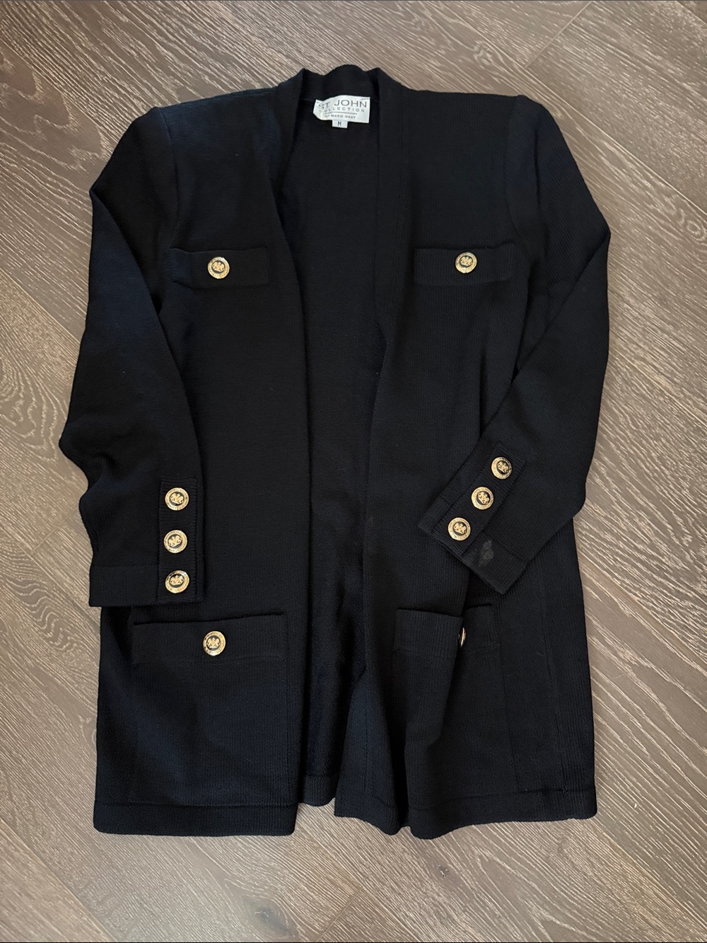St. John Black Knit Long Open Front Blazer with Gold Buttons. Size M